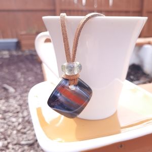 Orange, Blue, & Gray Square Glass Leather Necklace